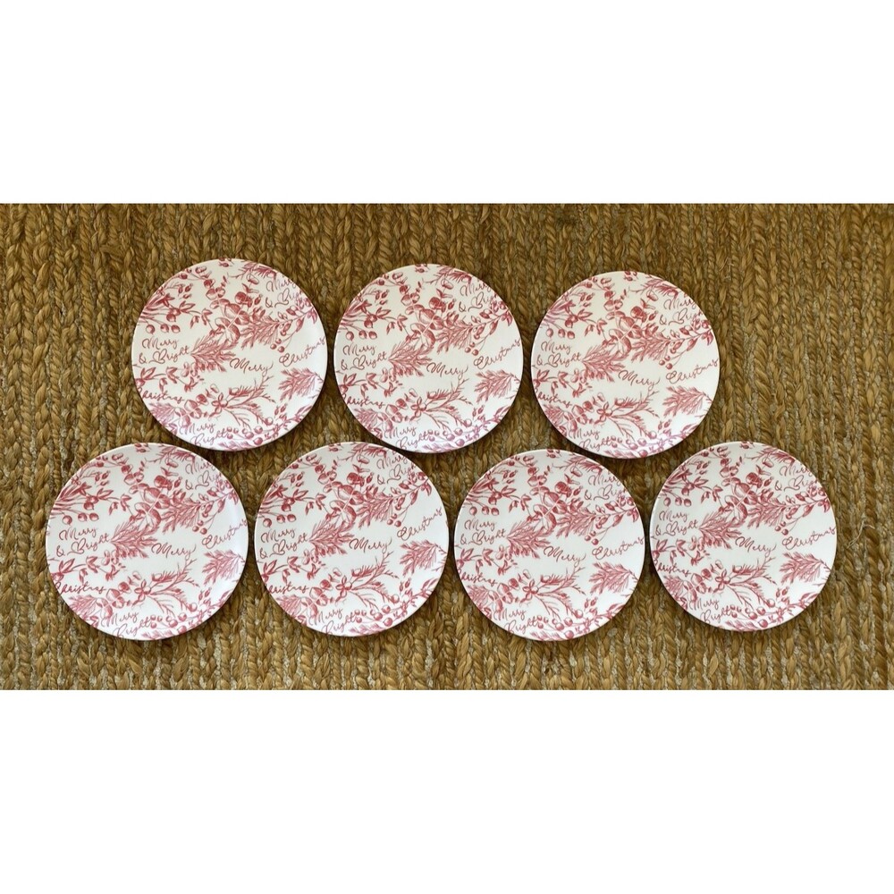 7x Threshold Melamine 7.75" Round Salad Snack Plates Merry Christmas Botanical